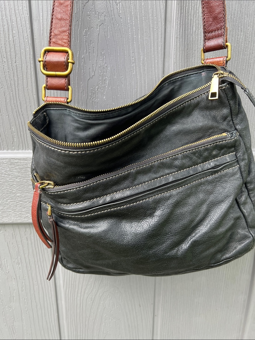 Leather fossil Crossbody Bag in Black with Brown Strap